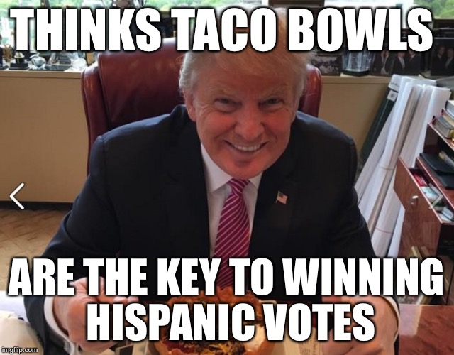 Never Trump |  THINKS TACO BOWLS; ARE THE KEY TO WINNING HISPANIC VOTES | image tagged in trump taco bowl,donald trump | made w/ Imgflip meme maker
