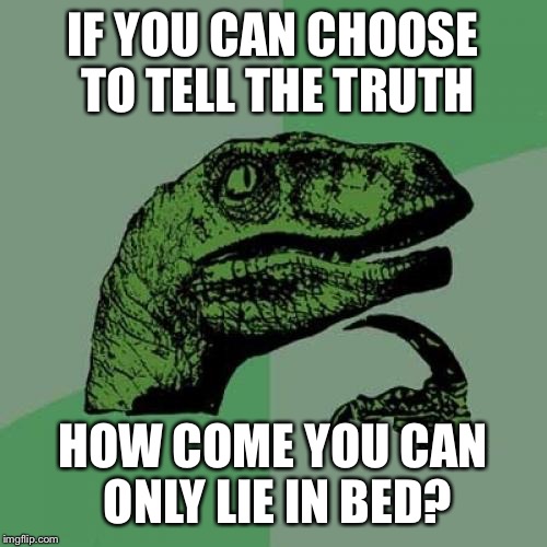 Philosoraptor Meme | IF YOU CAN CHOOSE TO TELL THE TRUTH; HOW COME YOU CAN ONLY LIE IN BED? | image tagged in memes,philosoraptor | made w/ Imgflip meme maker