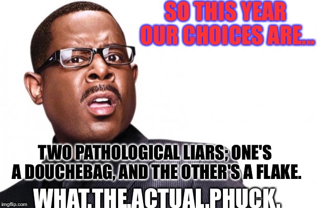 what the actual phuck | SO THIS YEAR OUR CHOICES ARE... TWO PATHOLOGICAL LIARS; ONE'S A DOUCHEBAG, AND THE OTHER'S A FLAKE. WHAT.THE.ACTUAL.PHUCK. | image tagged in what the actual phuck | made w/ Imgflip meme maker