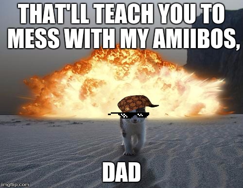 BYE DAD | THAT'LL TEACH YOU TO MESS WITH MY AMIIBOS, DAD | image tagged in cat explosion,scumbag | made w/ Imgflip meme maker