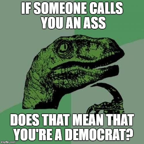 Democratic Philosoraptor (INB4 nsfw) | IF SOMEONE CALLS YOU AN ASS; DOES THAT MEAN THAT YOU'RE A DEMOCRAT? | image tagged in memes,philosoraptor,democrat,2016 election | made w/ Imgflip meme maker