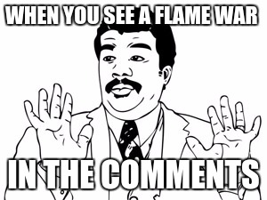 Neil deGrasse Tyson Meme | WHEN YOU SEE A FLAME WAR; IN THE COMMENTS | image tagged in memes,neil degrasse tyson | made w/ Imgflip meme maker