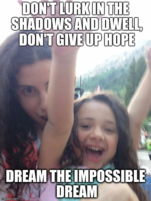 Dare to Dream | DON'T LURK IN THE SHADOWS AND DWELL, DON'T GIVE UP HOPE; DREAM THE IMPOSSIBLE DREAM | image tagged in dream | made w/ Imgflip meme maker