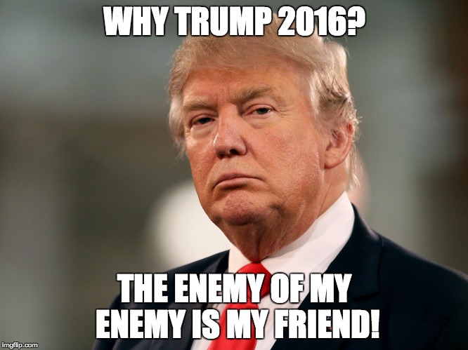 WHY TRUMP 2016? THE ENEMY OF MY ENEMY IS MY FRIEND! | image tagged in trump | made w/ Imgflip meme maker