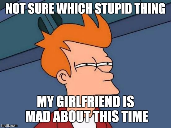 The possibilities are endless | NOT SURE WHICH STUPID THING; MY GIRLFRIEND IS MAD ABOUT THIS TIME | image tagged in memes,futurama fry,girlfriend | made w/ Imgflip meme maker