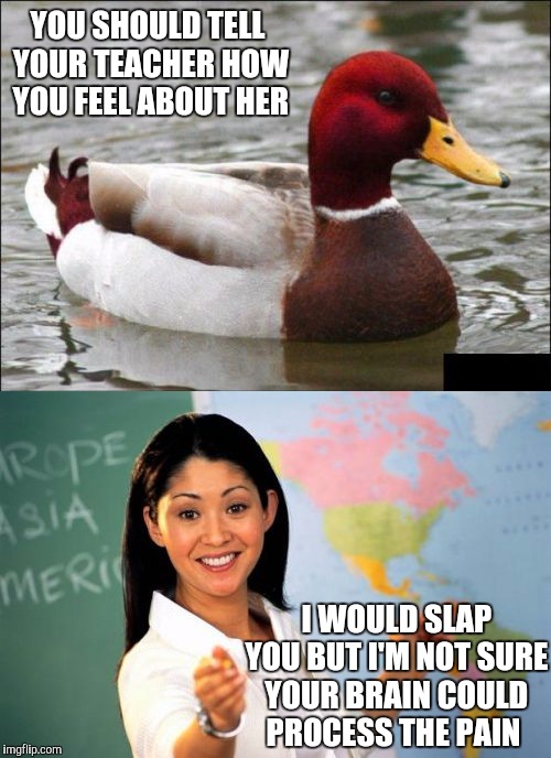 YOU SHOULD TELL YOUR TEACHER HOW YOU FEEL ABOUT HER; I WOULD SLAP YOU BUT I'M NOT SURE YOUR BRAIN COULD PROCESS THE PAIN | image tagged in malicious advice mallard | made w/ Imgflip meme maker