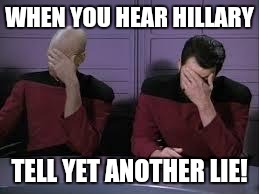 Star Trek Double Facepalm | WHEN YOU HEAR HILLARY; TELL YET ANOTHER LIE! | image tagged in star trek double facepalm | made w/ Imgflip meme maker
