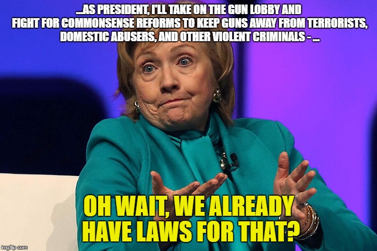 Ain't got time for that | ...AS PRESIDENT, I'LL TAKE ON THE GUN LOBBY AND FIGHT FOR COMMONSENSE REFORMS TO KEEP GUNS AWAY FROM TERRORISTS, DOMESTIC ABUSERS, AND OTHER VIOLENT CRIMINALS - ... OH WAIT, WE ALREADY HAVE LAWS FOR THAT? | image tagged in hillary,gun control,dumb laws,election,2016 | made w/ Imgflip meme maker