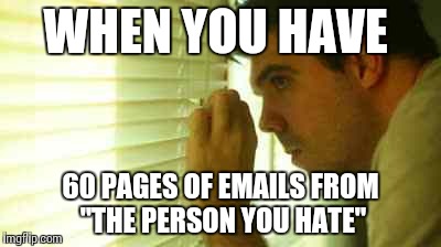 Paranoid guy  | WHEN YOU HAVE; 60 PAGES OF EMAILS FROM "THE PERSON YOU HATE" | image tagged in paranoid guy | made w/ Imgflip meme maker