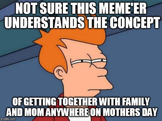 Futurama Fry Meme | NOT SURE THIS MEME'ER UNDERSTANDS THE CONCEPT OF GETTING TOGETHER WITH FAMILY AND MOM ANYWHERE ON MOTHERS DAY | image tagged in memes,futurama fry | made w/ Imgflip meme maker