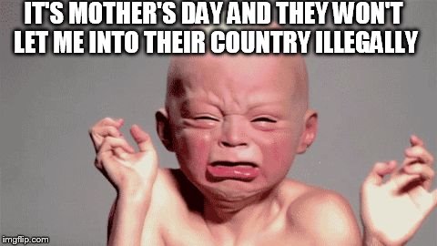 baby with quotation hands | IT'S MOTHER'S DAY AND THEY WON'T LET ME INTO THEIR COUNTRY ILLEGALLY | image tagged in baby with quotation hands | made w/ Imgflip meme maker