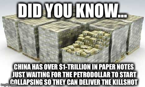 You gotta give it up to the Chinese, it's a brutal yet ingenious plan | DID YOU KNOW... CHINA HAS OVER $1-TRILLION IN PAPER NOTES JUST WAITING FOR THE PETRODOLLAR TO START COLLAPSING SO THEY CAN DELIVER THE KILLSHOT | image tagged in economy,election 2016,dollar | made w/ Imgflip meme maker
