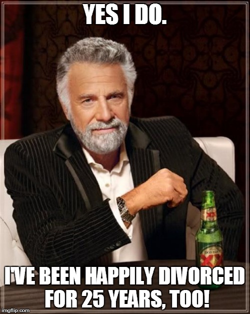 The Most Interesting Man In The World Meme | YES I DO. I'VE BEEN HAPPILY DIVORCED FOR 25 YEARS, TOO! | image tagged in memes,the most interesting man in the world | made w/ Imgflip meme maker