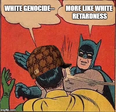 White genocide= As likely as a overweight jew in Auschwitz | WHITE GENOCIDE--; MORE LIKE WHITE RETARDNESS | image tagged in memes,batman slapping robin,scumbag | made w/ Imgflip meme maker