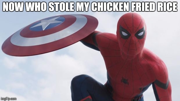 Spider Man Civil War | NOW WHO STOLE MY CHICKEN FRIED RICE | image tagged in spider man civil war | made w/ Imgflip meme maker