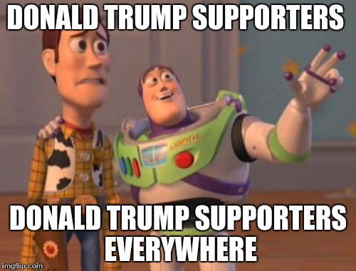 X, X Everywhere | DONALD TRUMP SUPPORTERS; DONALD TRUMP SUPPORTERS EVERYWHERE | image tagged in memes,x x everywhere | made w/ Imgflip meme maker