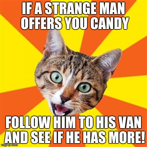 Bad Advice Cat Meme | IF A STRANGE MAN OFFERS YOU CANDY; FOLLOW HIM TO HIS VAN AND SEE IF HE HAS MORE! | image tagged in memes,bad advice cat | made w/ Imgflip meme maker