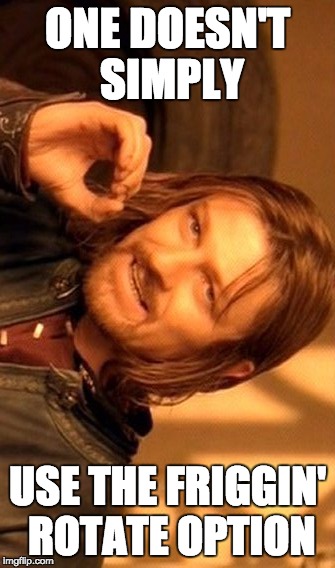 One Does Not Simply Meme | ONE DOESN'T SIMPLY USE THE FRIGGIN' ROTATE OPTION | image tagged in memes,one does not simply | made w/ Imgflip meme maker