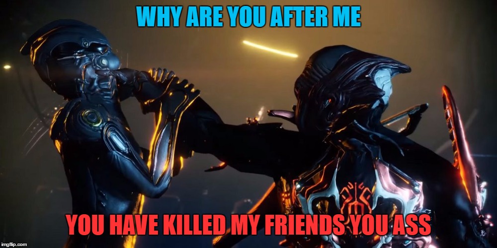 Pissed off stalker warframe HD | WHY ARE YOU AFTER ME; YOU HAVE KILLED MY FRIENDS YOU ASS | image tagged in pissed off stalker warframe hd | made w/ Imgflip meme maker