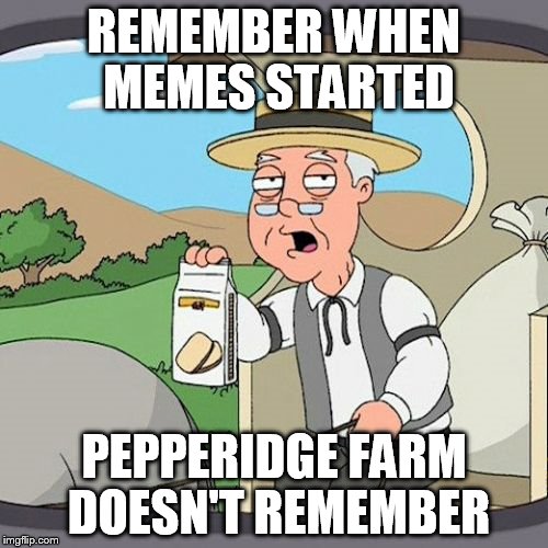 Pepperidge Farm Remembers Meme | REMEMBER WHEN MEMES STARTED; PEPPERIDGE FARM DOESN'T REMEMBER | image tagged in memes,pepperidge farm remembers | made w/ Imgflip meme maker