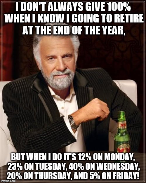 The Most Interesting Man In The World | I DON'T ALWAYS GIVE 100% WHEN I KNOW I GOING TO RETIRE AT THE END OF THE YEAR, BUT WHEN I DO IT'S 12% ON MONDAY, 23% ON TUESDAY, 40% ON WEDNESDAY, 20% ON THURSDAY, AND 5% ON FRIDAY! | image tagged in memes,the most interesting man in the world | made w/ Imgflip meme maker