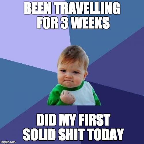 Success Kid | BEEN TRAVELLING FOR 3 WEEKS; DID MY FIRST SOLID SHIT TODAY | image tagged in memes,success kid | made w/ Imgflip meme maker