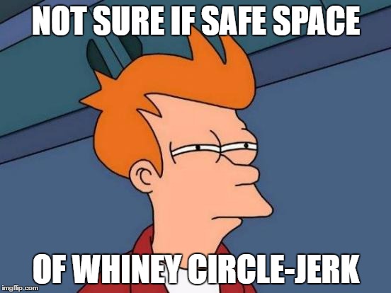 Futurama Fry Meme | NOT SURE IF SAFE SPACE; OF WHINEY CIRCLE-JERK | image tagged in memes,futurama fry | made w/ Imgflip meme maker