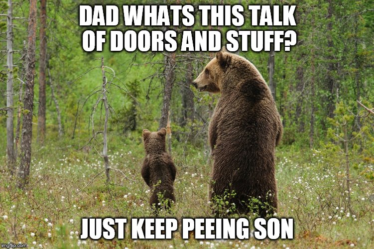 DAD WHATS THIS TALK OF DOORS AND STUFF? JUST KEEP PEEING SON | made w/ Imgflip meme maker