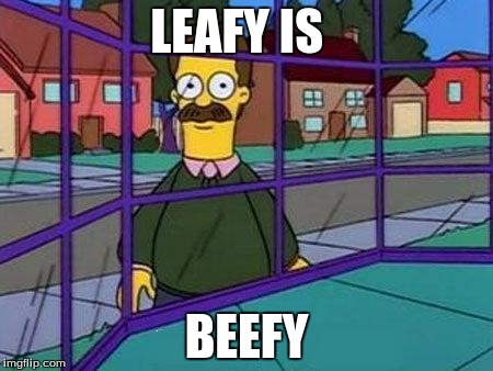 Creepy Flanders | LEAFY IS; BEEFY | image tagged in creepy flanders | made w/ Imgflip meme maker