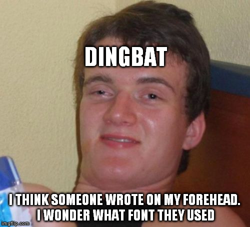 10 Guy Meme | DINGBAT I THINK SOMEONE WROTE ON MY FOREHEAD. I WONDER WHAT FONT THEY USED | image tagged in memes,10 guy | made w/ Imgflip meme maker