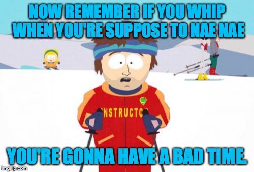 Super Cool Ski Instructor | NOW REMEMBER IF YOU WHIP WHEN YOU'RE SUPPOSE TO NAE NAE; YOU'RE GONNA HAVE A BAD TIME. | image tagged in memes,super cool ski instructor | made w/ Imgflip meme maker