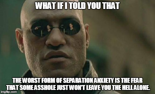 Matrix Morpheus | WHAT IF I TOLD YOU THAT; THE WORST FORM OF SEPARATION ANXIETY IS THE FEAR THAT SOME ASSHOLE JUST WON'T LEAVE YOU THE HELL ALONE. | image tagged in memes,matrix morpheus | made w/ Imgflip meme maker