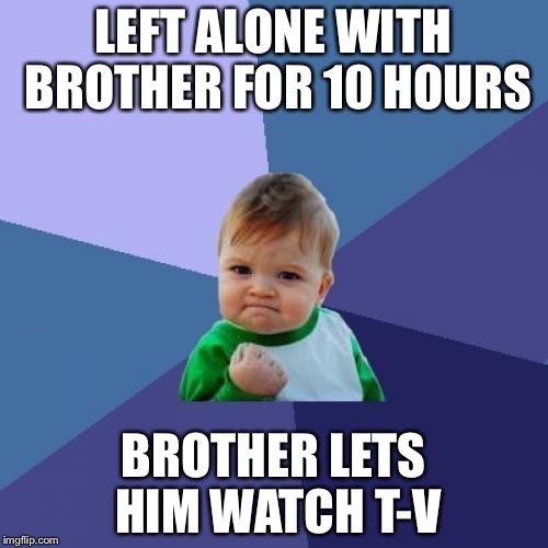 After being left alone with my little sister all day | LEFT ALONE WITH BROTHER FOR 10 HOURS; BROTHER LETS HIM WATCH T-V | image tagged in memes,success kid,brothers,big brother,television | made w/ Imgflip meme maker