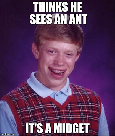 Bad Luck Brian | THINKS HE SEES AN ANT; IT'S A MIDGET | image tagged in memes,bad luck brian | made w/ Imgflip meme maker