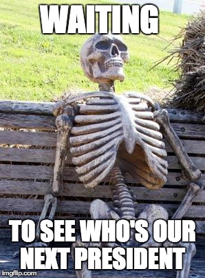 Waiting Skeleton | WAITING; TO SEE WHO'S OUR NEXT PRESIDENT | image tagged in memes,waiting skeleton | made w/ Imgflip meme maker