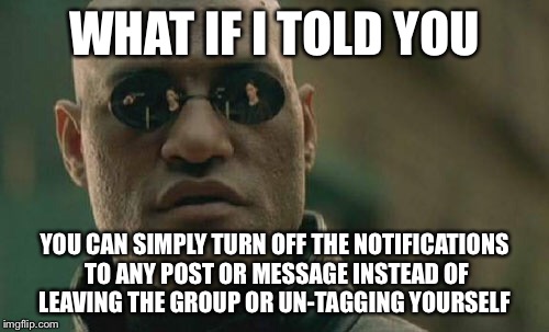 Matrix Morpheus Meme | WHAT IF I TOLD YOU; YOU CAN SIMPLY TURN OFF THE NOTIFICATIONS TO ANY POST OR MESSAGE INSTEAD OF LEAVING THE GROUP OR UN-TAGGING YOURSELF | image tagged in memes,matrix morpheus | made w/ Imgflip meme maker