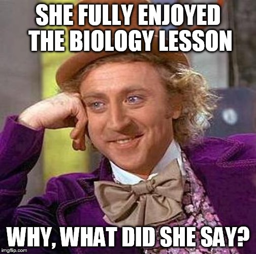 Creepy Condescending Wonka Meme | SHE FULLY ENJOYED THE BIOLOGY LESSON WHY, WHAT DID SHE SAY? | image tagged in memes,creepy condescending wonka | made w/ Imgflip meme maker