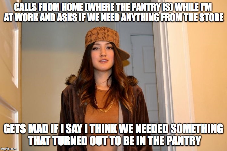 Scumbag Stephanie  | CALLS FROM HOME (WHERE THE PANTRY IS) WHILE I'M AT WORK AND ASKS IF WE NEED ANYTHING FROM THE STORE; GETS MAD IF I SAY I THINK WE NEEDED SOMETHING THAT TURNED OUT TO BE IN THE PANTRY | image tagged in scumbag stephanie,AdviceAnimals | made w/ Imgflip meme maker