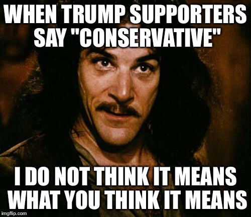 Trump is to the left of Hillary on some issues. | WHEN TRUMP SUPPORTERS SAY "CONSERVATIVE"; I DO NOT THINK IT MEANS WHAT YOU THINK IT MEANS | image tagged in indigo montoya,donald trump | made w/ Imgflip meme maker