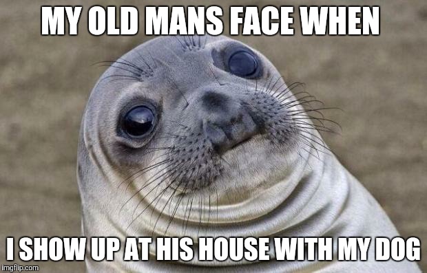 Awkward Moment Sealion | MY OLD MANS FACE WHEN; I SHOW UP AT HIS HOUSE WITH MY DOG | image tagged in memes,awkward moment sealion | made w/ Imgflip meme maker