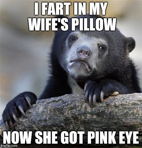 Confession Bear Meme | I FART IN MY WIFE'S PILLOW; NOW SHE GOT PINK EYE | image tagged in memes,confession bear | made w/ Imgflip meme maker