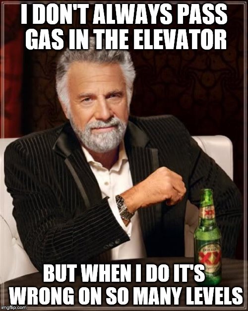 Passing Gas In The Elevator | I DON'T ALWAYS PASS GAS IN THE ELEVATOR; BUT WHEN I DO IT'S WRONG ON SO MANY LEVELS | image tagged in memes,the most interesting man in the world,gas,fart,elevator,wrong | made w/ Imgflip meme maker