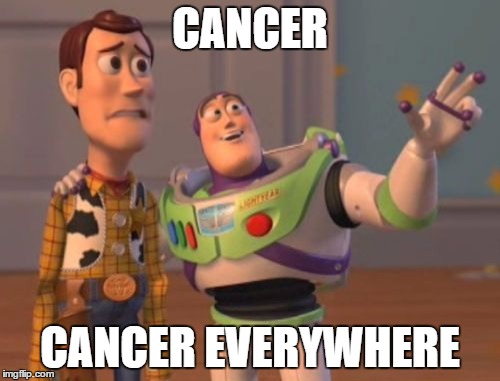 X, X Everywhere | CANCER; CANCER EVERYWHERE | image tagged in memes,x x everywhere | made w/ Imgflip meme maker