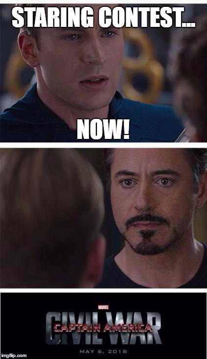 staring contest. | STARING CONTEST... NOW! | image tagged in memes,marvel civil war 1 | made w/ Imgflip meme maker