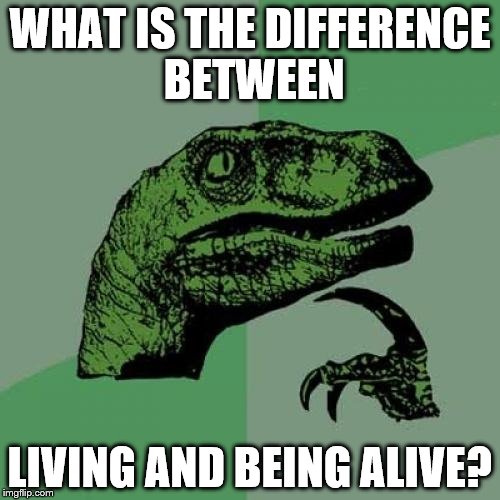 Philosoraptor | WHAT IS THE DIFFERENCE BETWEEN; LIVING AND BEING ALIVE? | image tagged in memes,philosoraptor | made w/ Imgflip meme maker