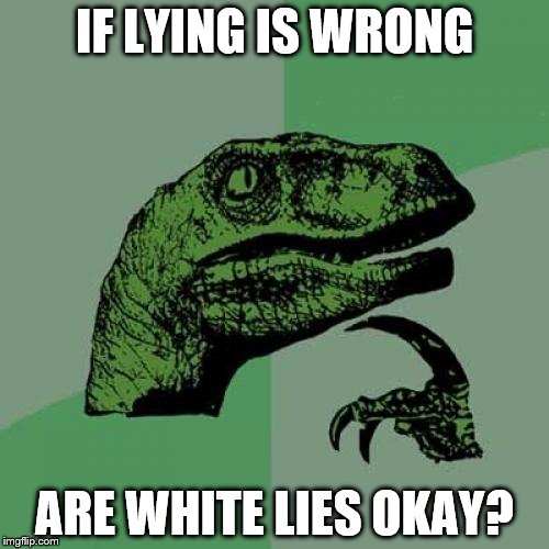 We are all guilty of it | IF LYING IS WRONG; ARE WHITE LIES OKAY? | image tagged in memes,philosoraptor | made w/ Imgflip meme maker