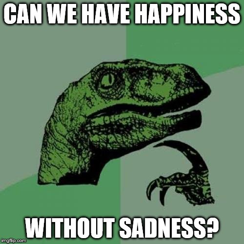 How would you know what happiness is if you've never felt sadness | CAN WE HAVE HAPPINESS; WITHOUT SADNESS? | image tagged in memes,philosoraptor | made w/ Imgflip meme maker