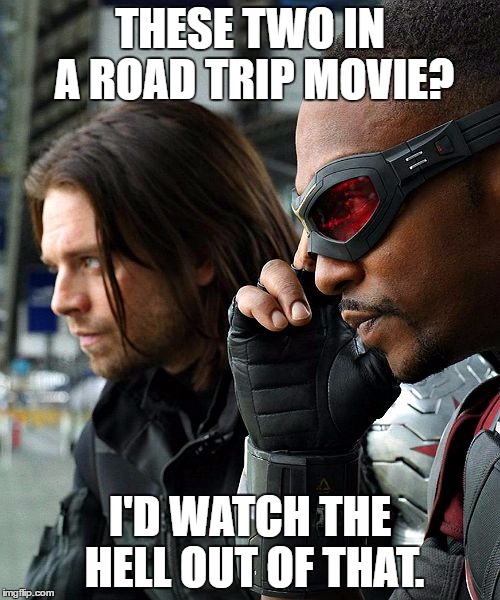 Road Trip!!!! |  THESE TWO IN A ROAD TRIP MOVIE? I'D WATCH THE HELL OUT OF THAT. | image tagged in road trip,marvel civil war,civil war,marvel cinematic universe,falcon,winter soldier | made w/ Imgflip meme maker