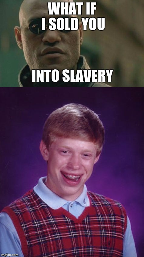 Bad Luck Brian is on the market for... | WHAT IF I SOLD YOU; INTO SLAVERY | image tagged in bad luck brian,matrix morpheus,slavery,ancient aliens,aliens | made w/ Imgflip meme maker