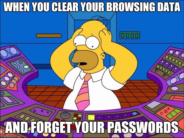 Happened to me just yesterday | WHEN YOU CLEAR YOUR BROWSING DATA; AND FORGET YOUR PASSWORDS | image tagged in homer panic | made w/ Imgflip meme maker